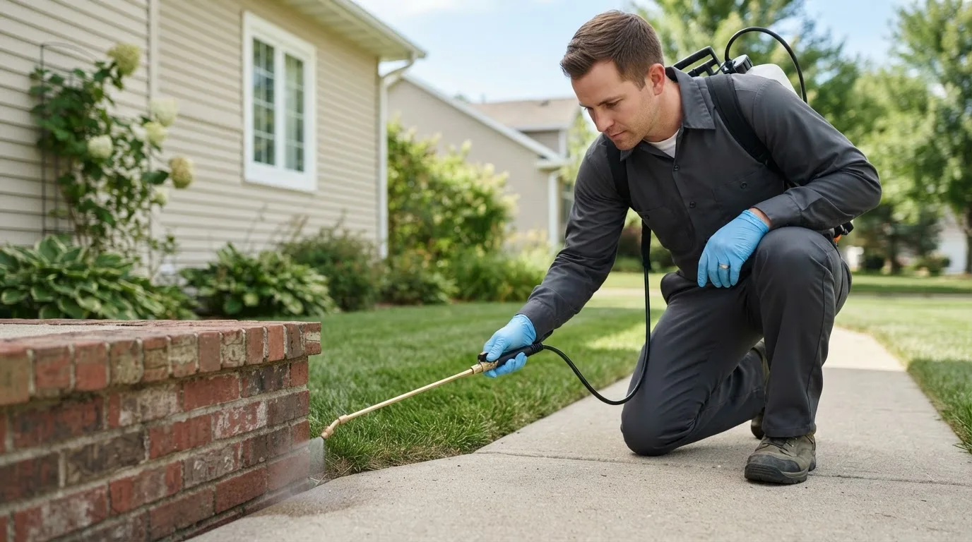 Pest control technician treating a home near Brookport, IL